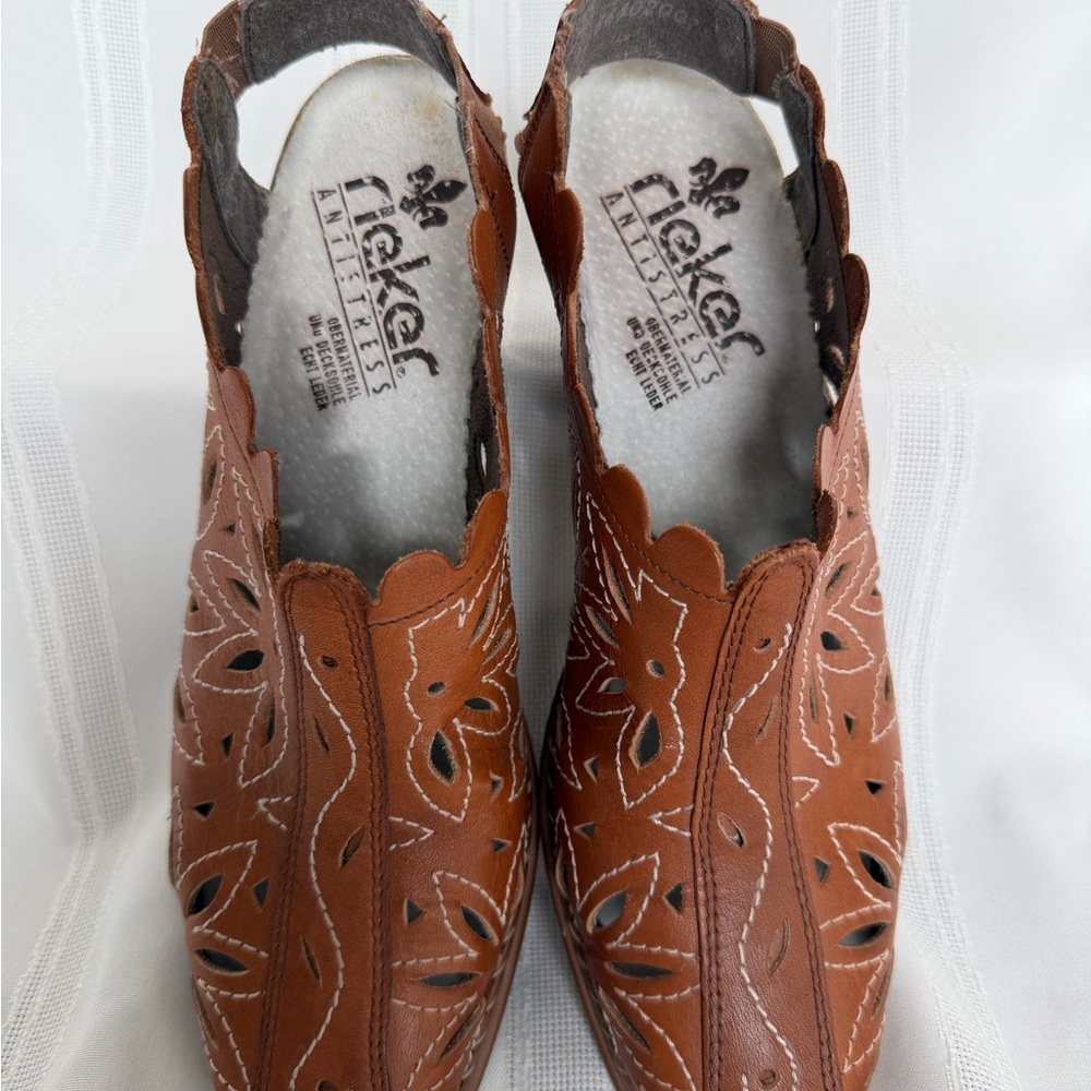 Rieker AntiStress Brown Leather Slingback Cutout Shoe 40 US 9 Flower Cut